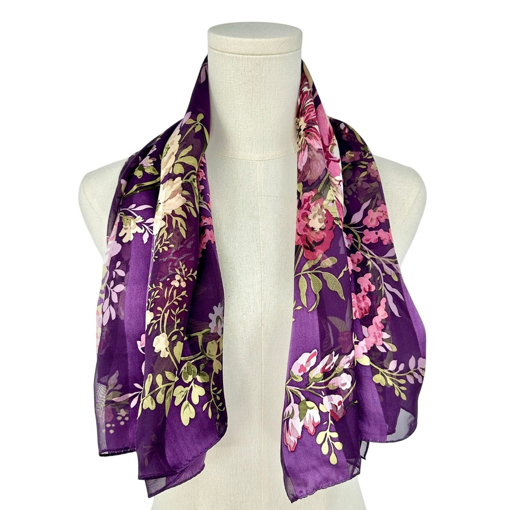 Adrienne Vittadini 100% Silk Scarf Purple Floral Striped Sheer Chiffon Prairie
